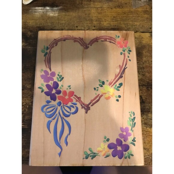 Stampendous Rubber Stamp Wood Mt Flowered Heart Border Ribbon Bow Frame R005 VTG - Picture 1 of 3